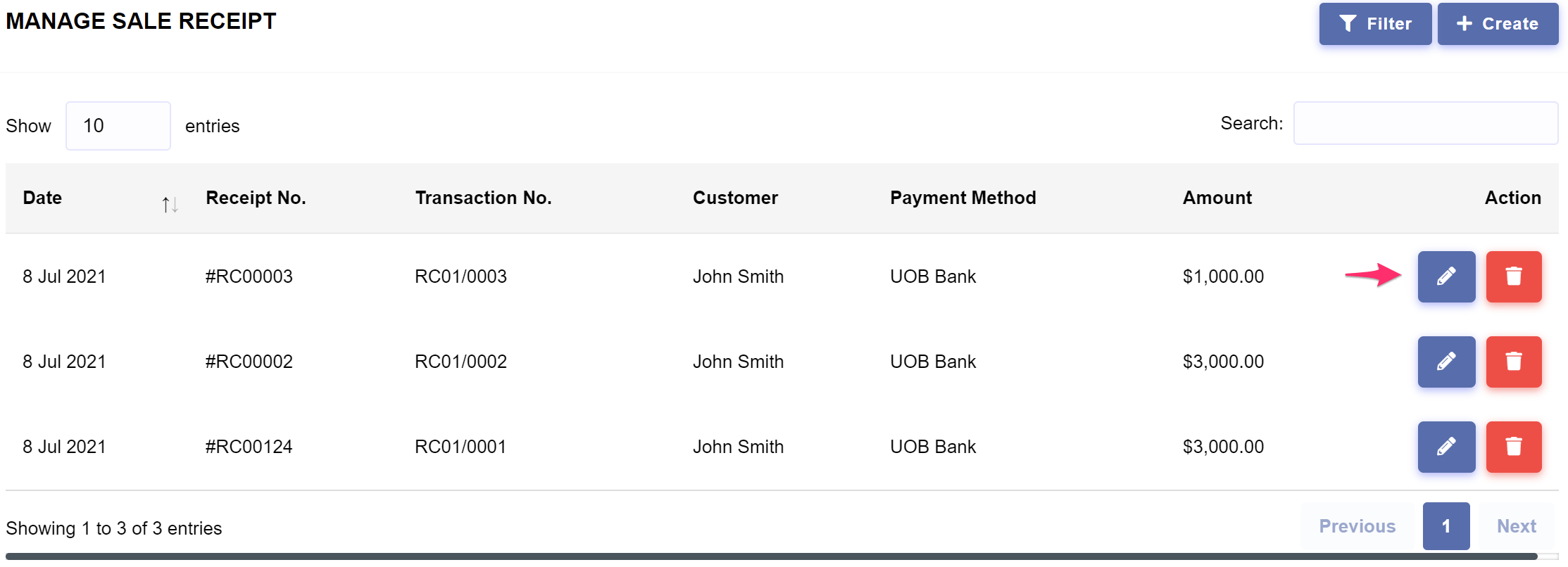 Income > Sale Receipt > Update or Delete Sale Receipt